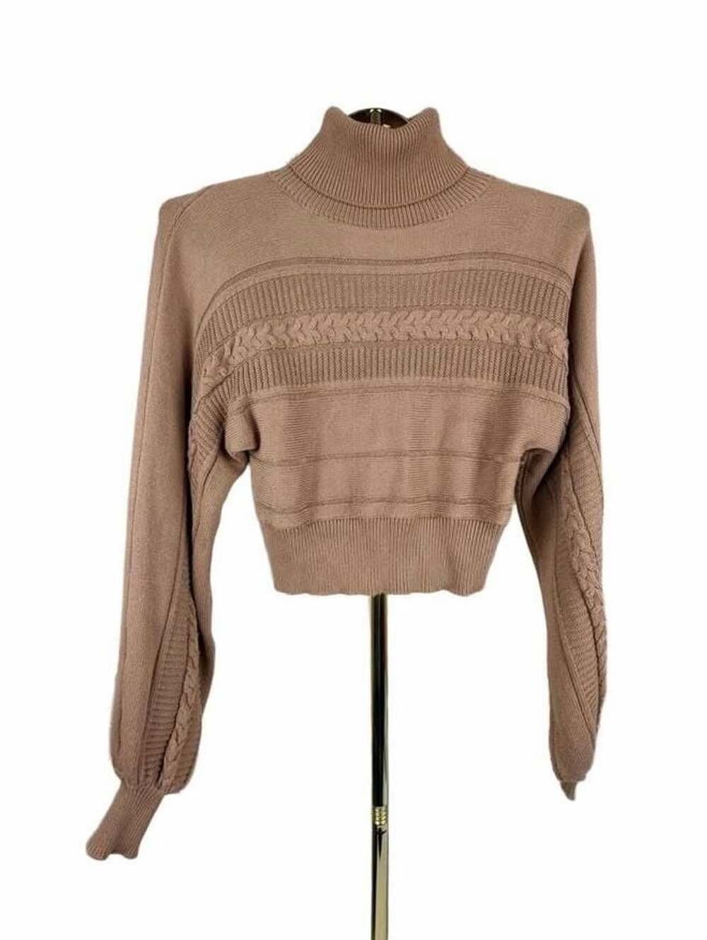 HERA size small Taupe Cable Knit Turtleneck Cropped Sweater with Puff Sleeves